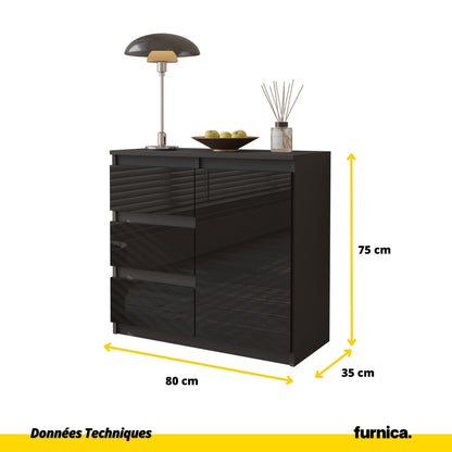 MIKEL - Commode 3 Tiroirs et 1 Porte - Armoire de Rangement pour Couloir/Chambre à Coucher - Buffet - H75cm L80cm P35cm (Anthracite/Noir Brillant)