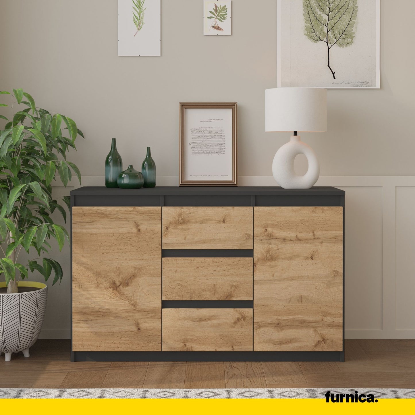 MIKEL - Commode 3 Tiroirs et 2 Portes - Armoire de Rangement pour Couloir/Chambre à Coucher - Buffet - H75cm L120cm P35cm (Anthracite/Chêne Wotan)