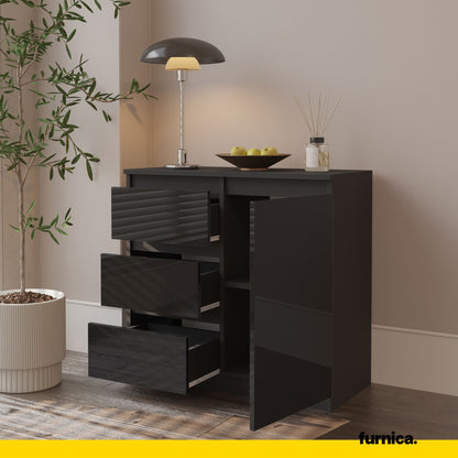 MIKEL - Commode 3 Tiroirs et 1 Porte - Armoire de Rangement pour Couloir/Chambre à Coucher - Buffet - H75cm L80cm P35cm (Anthracite/Noir Brillant)