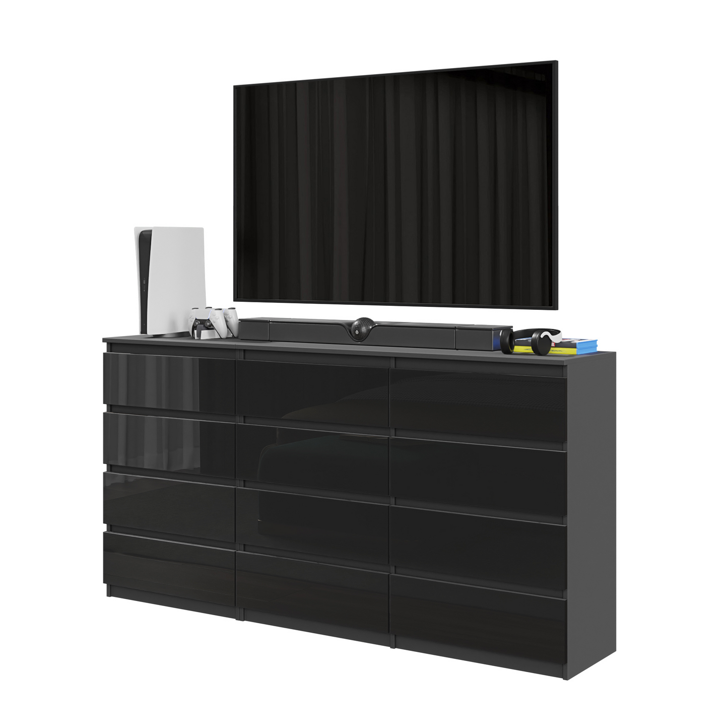 GABRIEL - Commode 12 Tiroirs (8+4) - H92cm L180cm P33cm (Anthracite / Noir Brillant)