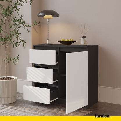 MIKEL - Commode 3 Tiroirs et 1 Porte - Armoire de Rangement pour Couloir/Chambre à Coucher - Buffet - H75cm L80cm P35cm (Anthracite/Blanc)