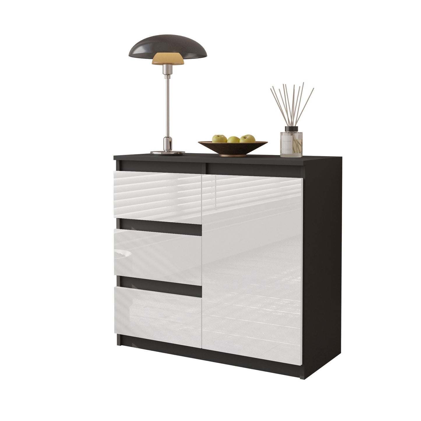MIKEL - Commode 3 Tiroirs et 1 Porte - Armoire de Rangement pour Couloir/Chambre à Coucher - Buffet - H75cm L80cm P35cm (Anthracite/Blanc Brillant)