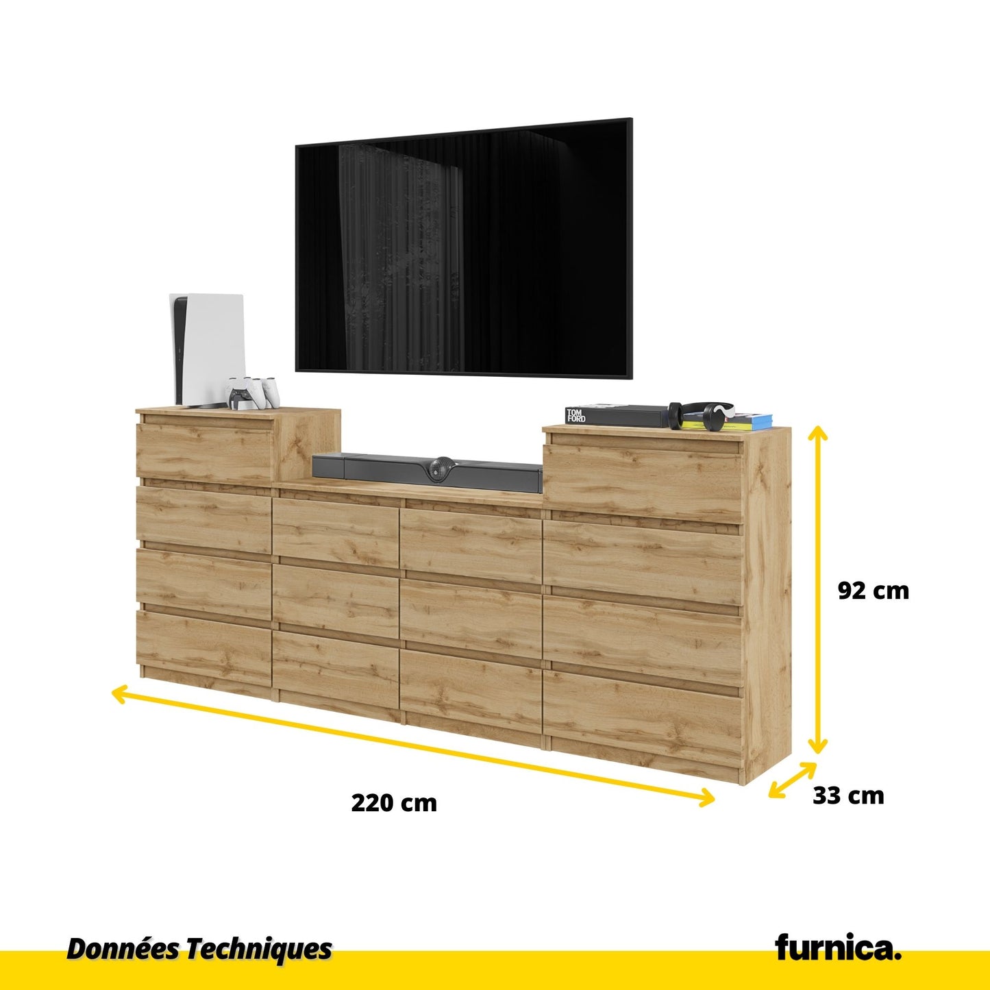 GABRIEL - Commode 14 Tiroirs (4+6+4) - H92cm L220cm P33cm (Chêne Wotan)