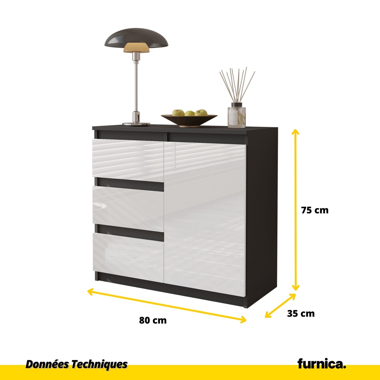 MIKEL - Commode 3 Tiroirs et 1 Porte - Armoire de Rangement pour Couloir/Chambre à Coucher - Buffet - H75cm L80cm P35cm (Anthracite/Blanc Brillant)