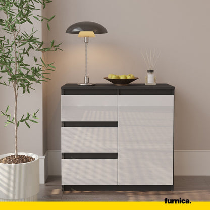 MIKEL - Commode 3 Tiroirs et 1 Porte - Armoire de Rangement pour Couloir/Chambre à Coucher - Buffet - H75cm L80cm P35cm (Anthracite/Blanc Brillant)