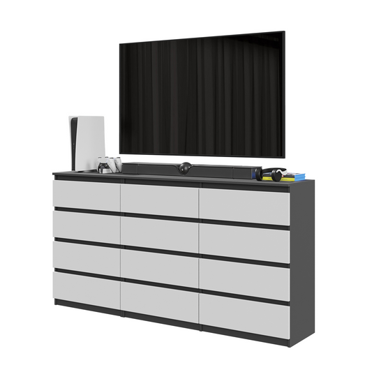 GABRIEL - Commode 12 Tiroirs (8+4) - H92cm L180cm P33cm (Anthracite / Blanc Matt)