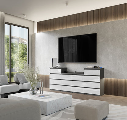 GABRIEL - Commode 14 Tiroirs (4+6+4) - H92cm L220cm P33cm (Anthracite / Blanc Brillant)