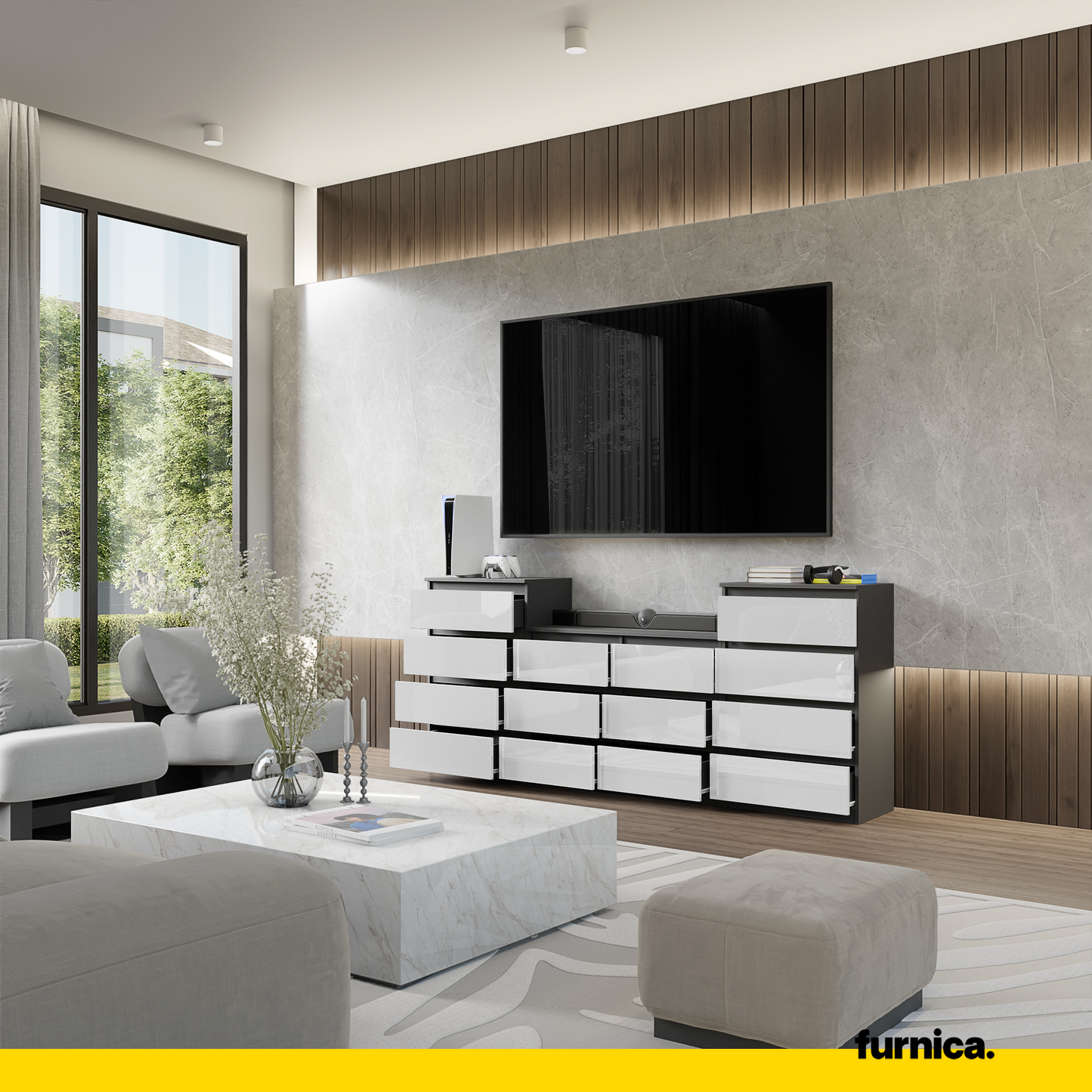 GABRIEL - Commode 14 Tiroirs (4+6+4) - H92cm L220cm P33cm (Anthracite / Blanc Brillant)