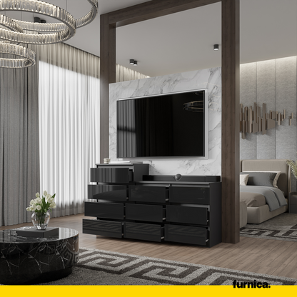 GABRIEL - Commode 10 Tiroirs (6+4) - H92/70 cm L160 cm P33 cm (Anthracite / Noir Brillant)