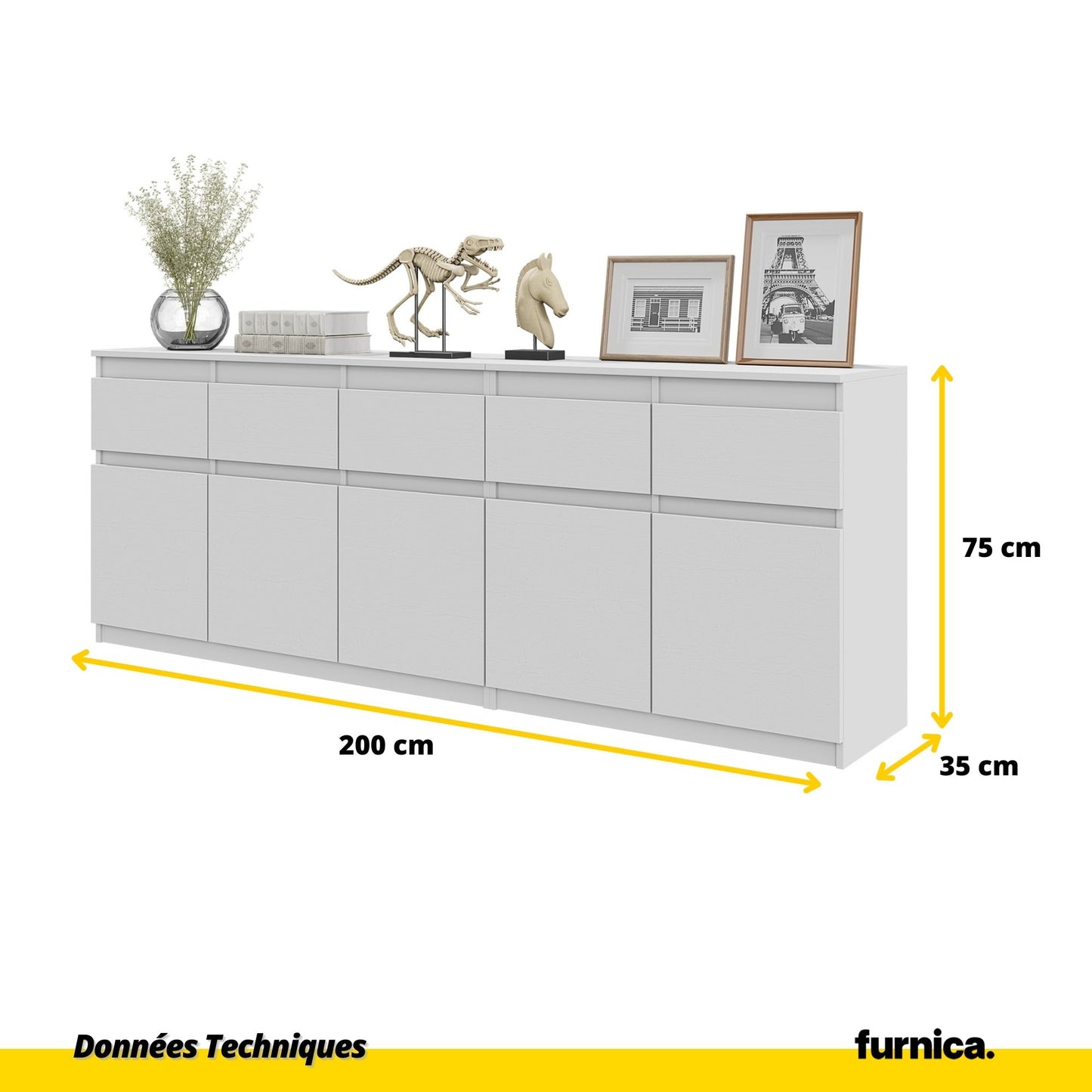 NOAH - Commode 5 Tiroirs et 5 Portes - Armoire de Rangement pour Couloir / Chambre à Coucher - Buffet - Blanc Matt H75cm L200cm P35cm