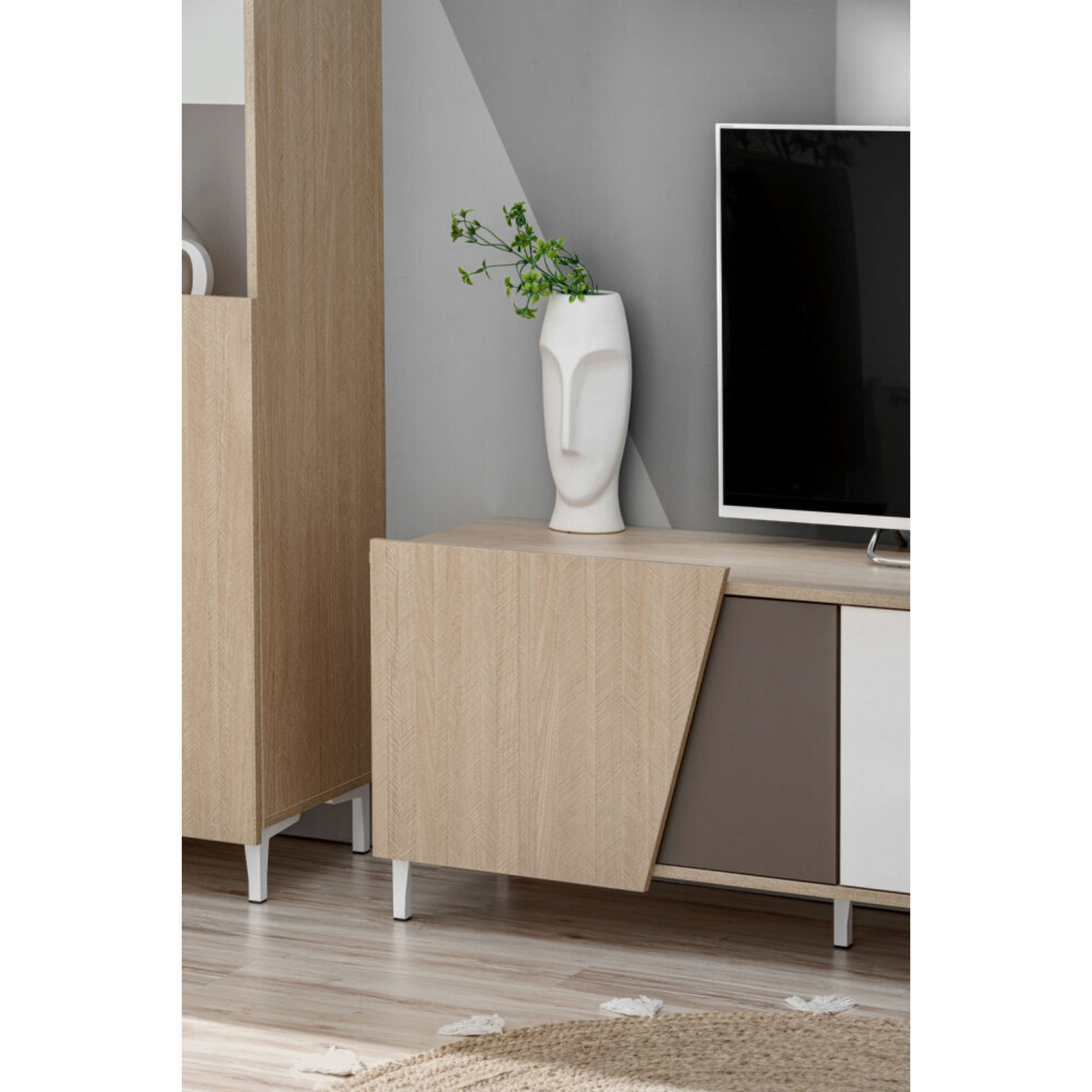 Unité murale VISTE - Ensemble de meubles de salon - Scandi / Truffe / Blanc Brillant