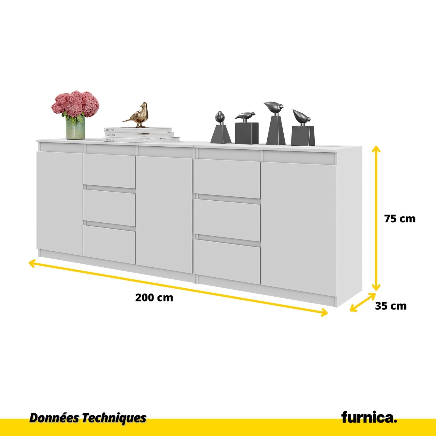 MIKEL - Commode 6 Tiroirs et 3 Portes - Armoire de Rangement pour Couloir / Chambre à Coucher - Buffet - Blanc Matt H75cm L200cm P35cm