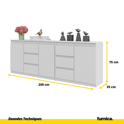 MIKEL - Commode 6 Tiroirs et 3 Portes - Armoire de Rangement pour Couloir / Chambre à Coucher - Buffet - Blanc Matt H75cm L200cm P35cm