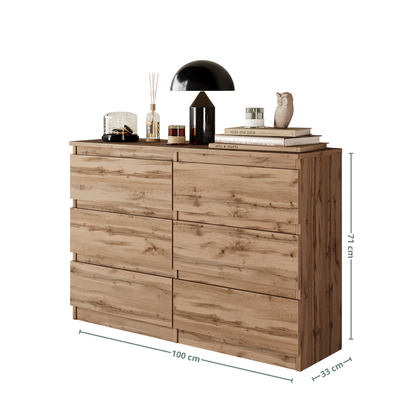 GABRIEL - Commode 6 Tiroirs - Buffet de Chevet - H71 cm L100 cm P33 cm (Chêne Wotan)