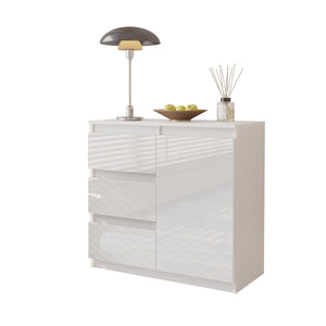 MIKEL - Commode 3 Tiroirs et 1 Porte - Armoire de Rangement pour Couloir/Chambre à Coucher - Buffet - H75cm L80cm P35cm (Blanc Mat/Blanc Brillant)