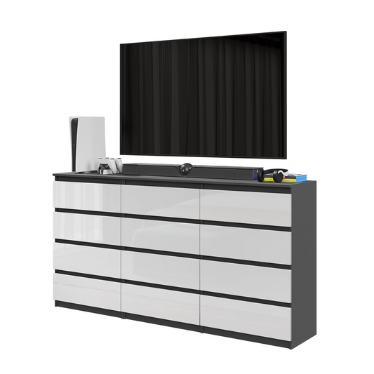 GABRIEL - Commode 12 Tiroirs (8+4) - H92cm L180cm P33cm (Anthracite / Blanc Brillant)