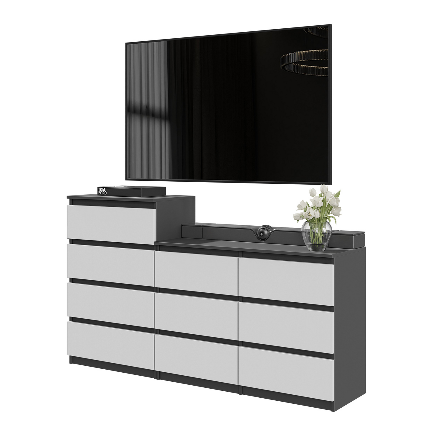GABRIEL - Commode 10 Tiroirs (6+4) - H92/70 cm L160 cm P33 cm (Anthracite / Blanc Matt)