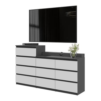 GABRIEL - Commode 10 Tiroirs (6+4) - H92/70 cm L160 cm P33 cm (Anthracite / Blanc Matt)