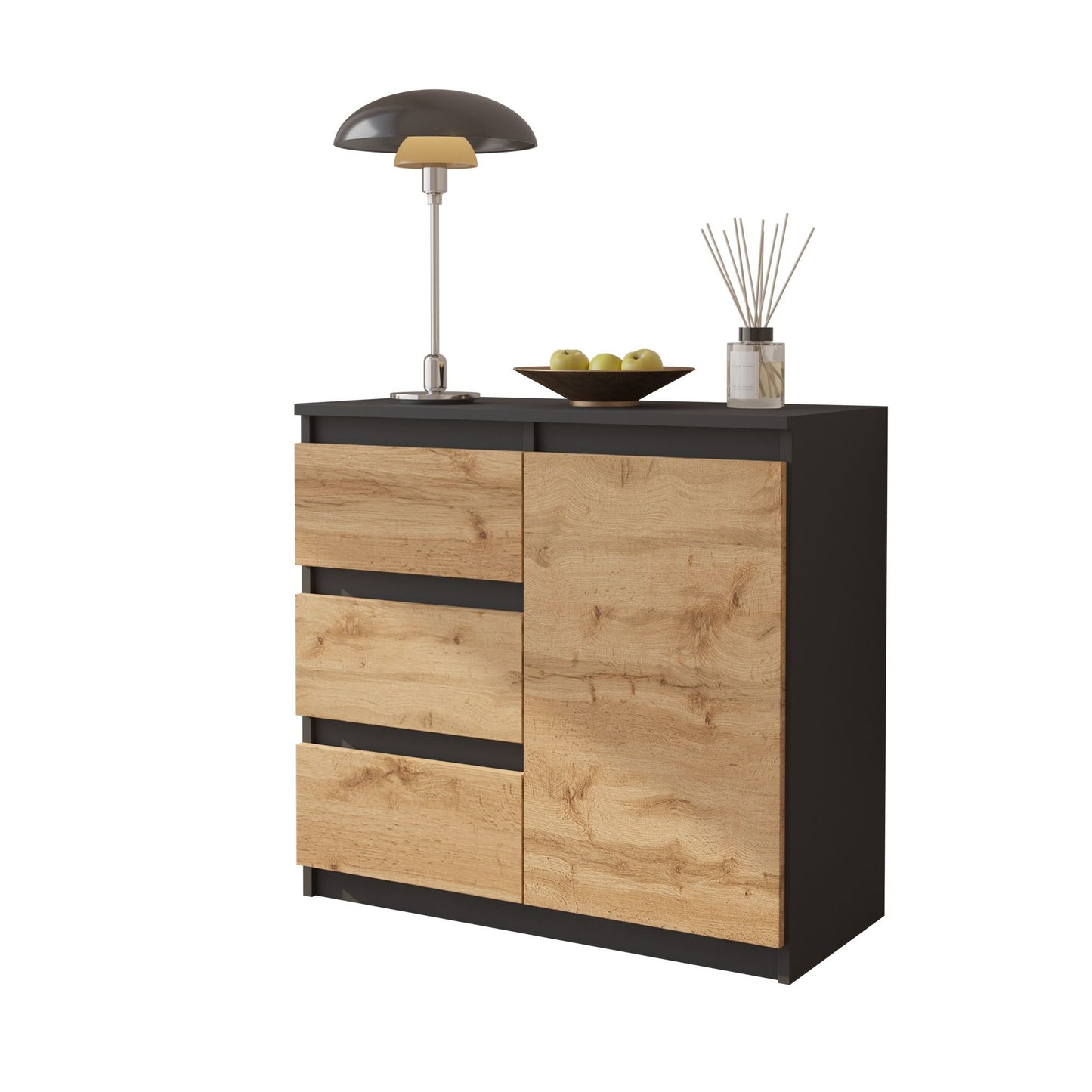 MIKEL - Commode 3 Tiroirs et 1 Porte - Armoire de Rangement pour Couloir / Chambre à Coucher - Buffet - H75cm L80cm P35cm (Anthracite / Chêne Wotan)