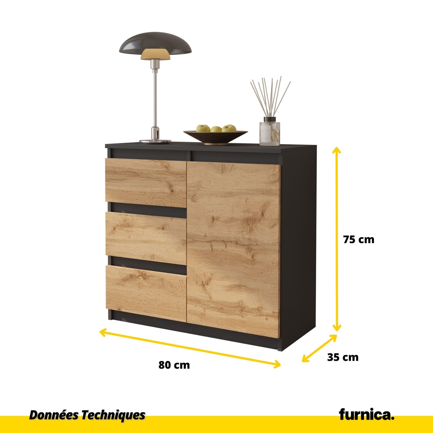 MIKEL - Commode 3 Tiroirs et 1 Porte - Armoire de Rangement pour Couloir / Chambre à Coucher - Buffet - H75cm L80cm P35cm (Anthracite / Chêne Wotan)