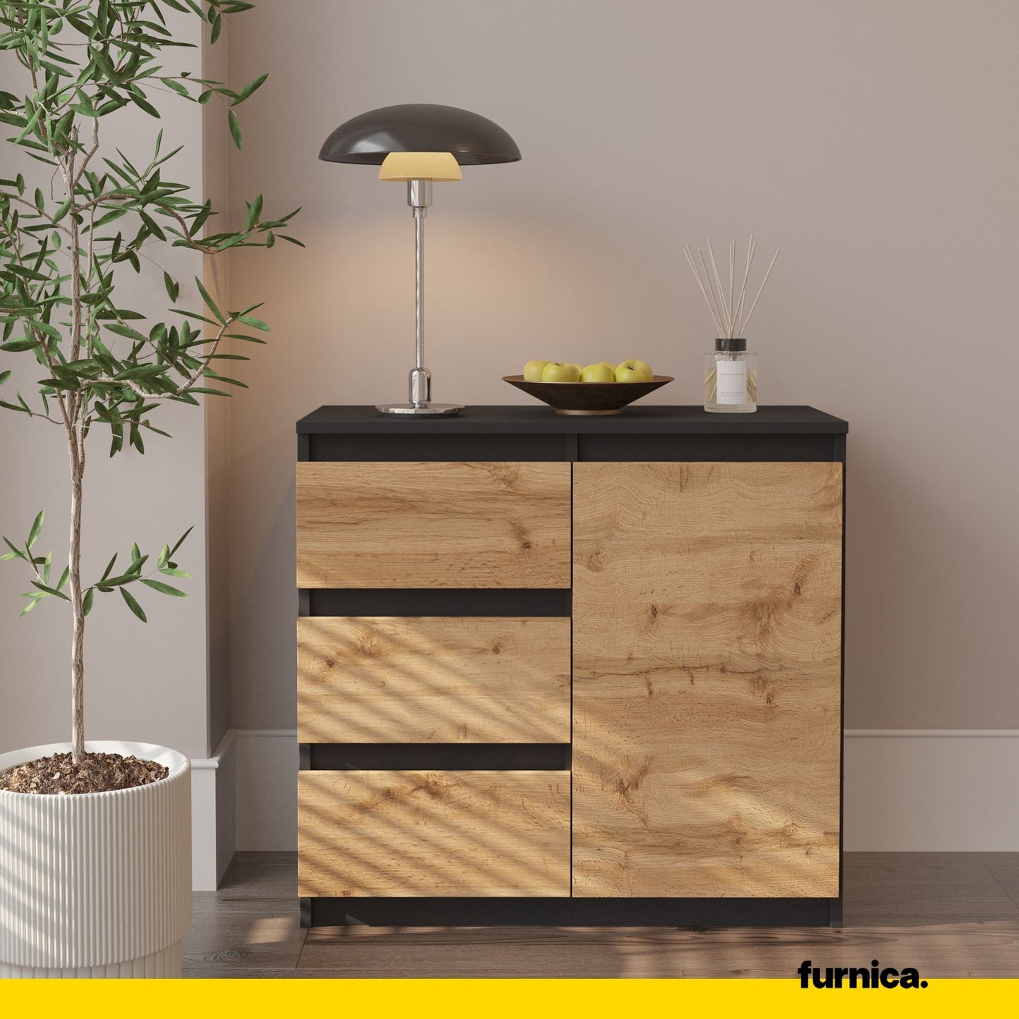 MIKEL - Commode 3 Tiroirs et 1 Porte - Armoire de Rangement pour Couloir / Chambre à Coucher - Buffet - H75cm L80cm P35cm (Anthracite / Chêne Wotan)