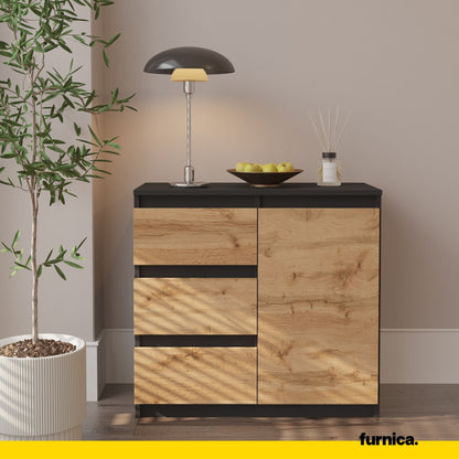 MIKEL - Commode 3 Tiroirs et 1 Porte - Armoire de Rangement pour Couloir / Chambre à Coucher - Buffet - H75cm L80cm P35cm (Anthracite / Chêne Wotan)