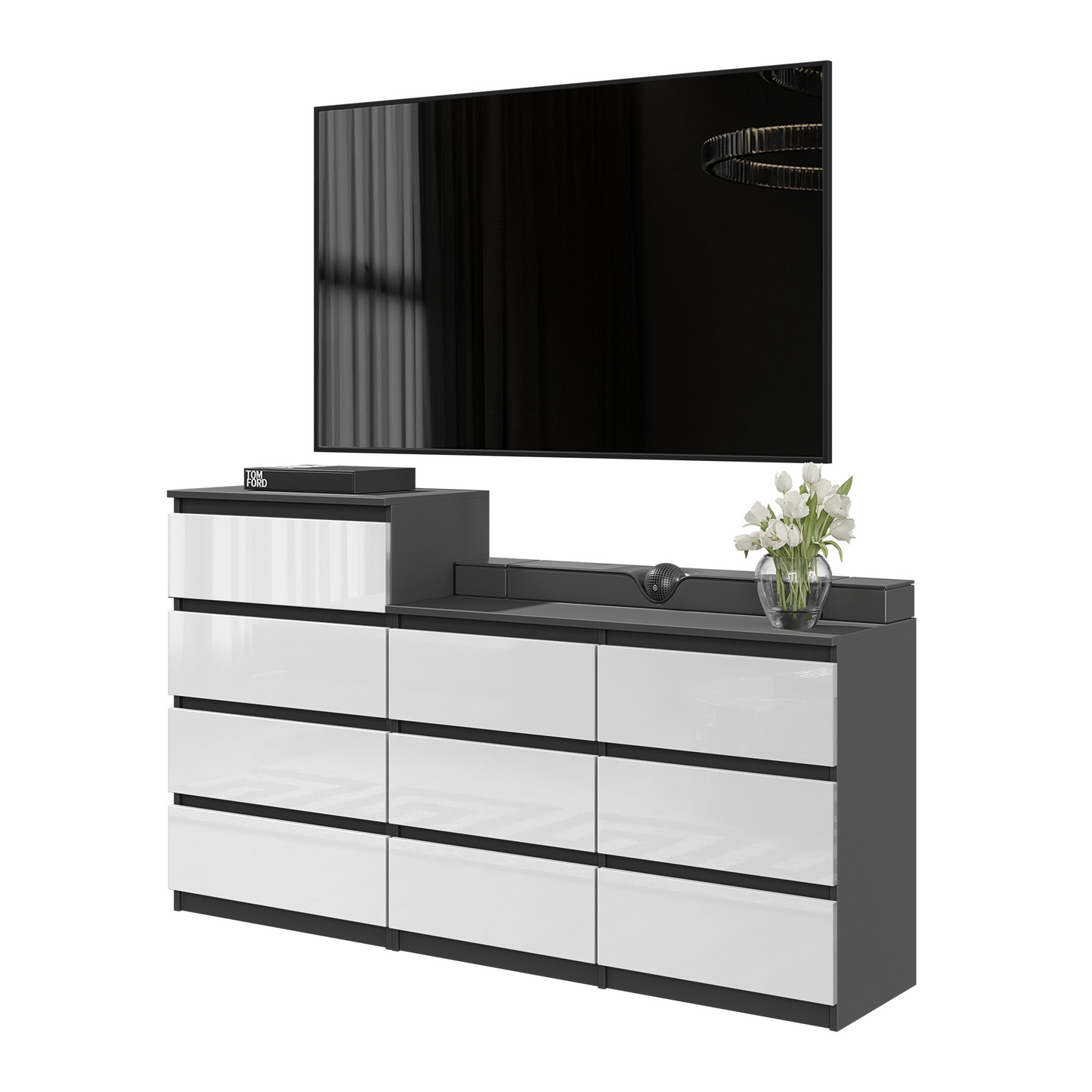 GABRIEL - Commode 10 Tiroirs (6+4) - H92/70 cm L160 cm P33 cm (Anthracite / Blanc Brillant)