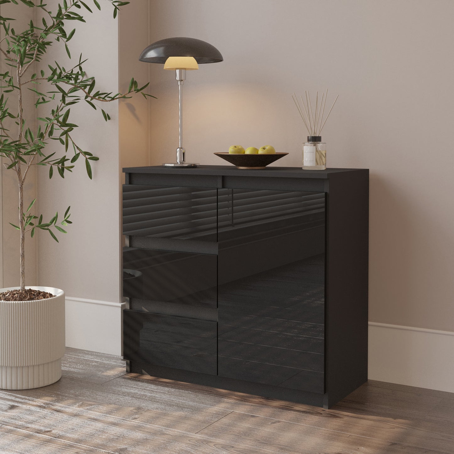 MIKEL - Commode 3 Tiroirs et 1 Porte - Armoire de Rangement pour Couloir/Chambre à Coucher - Buffet - H75cm L80cm P35cm (Anthracite/Noir Brillant)