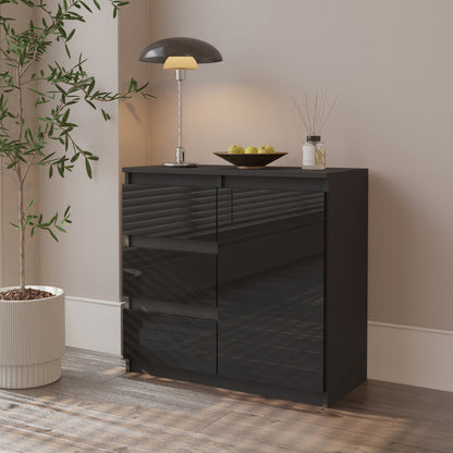 MIKEL - Commode 3 Tiroirs et 1 Porte - Armoire de Rangement pour Couloir/Chambre à Coucher - Buffet - H75cm L80cm P35cm (Anthracite/Noir Brillant)