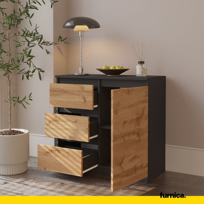MIKEL - Commode 3 Tiroirs et 1 Porte - Armoire de Rangement pour Couloir / Chambre à Coucher - Buffet - H75cm L80cm P35cm (Anthracite / Chêne Wotan)