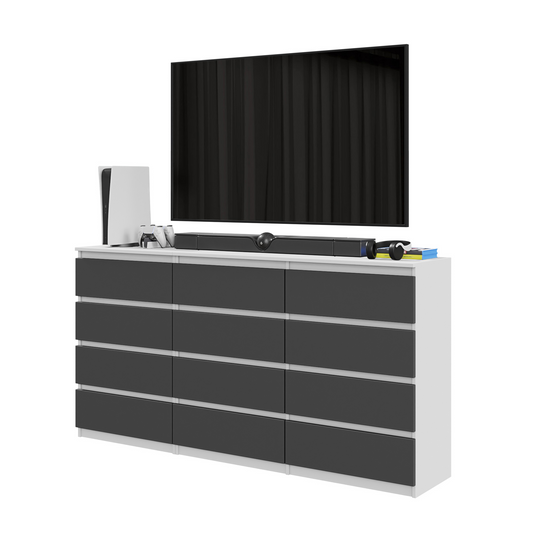 GABRIEL - Commode 12 Tiroirs (8+4) - H92cm L180cm P33cm (Blanc Matt / Anthracite)