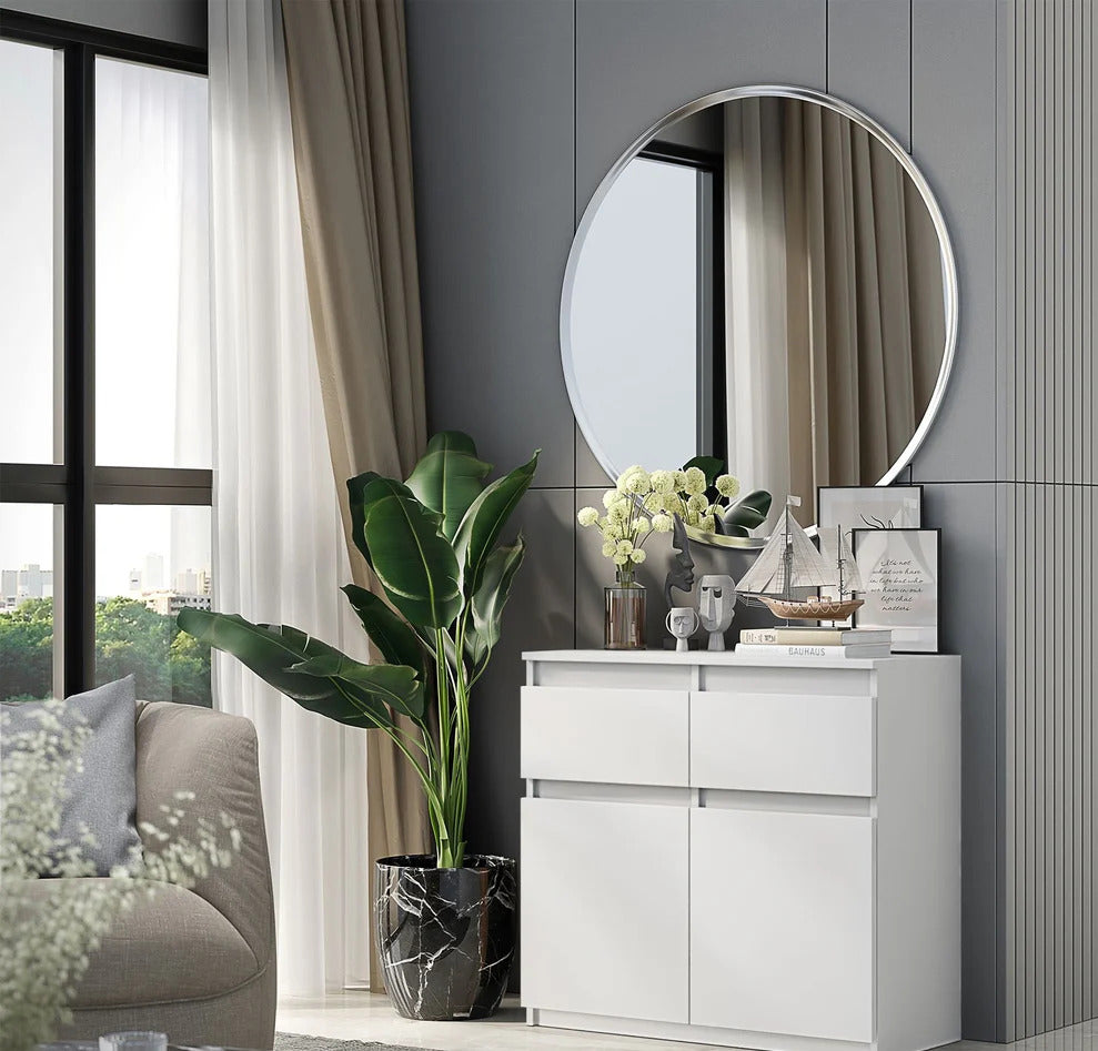 NOAH - Commode 2 Tiroirs et 2 Portes - Meuble de Rangement pour Couloir/Chambre - Buffet - H75cm L80cm P35cm (Blanc)