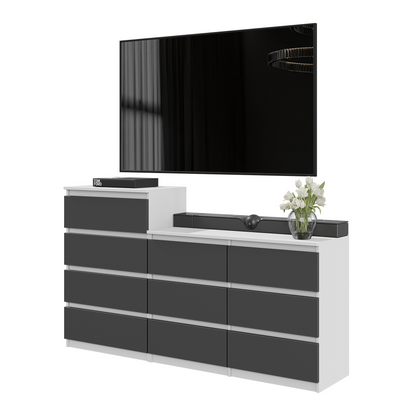 GABRIEL - Commode 10 Tiroirs (6+4) - H92/70 cm L160 cm P33 cm (Blanc Matt / Anthracite)