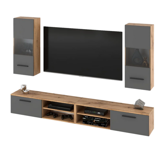 MIRANDA - Meuble TV Suspendu - 4 Armoires - Chêne Wotan / Gris Anthracite