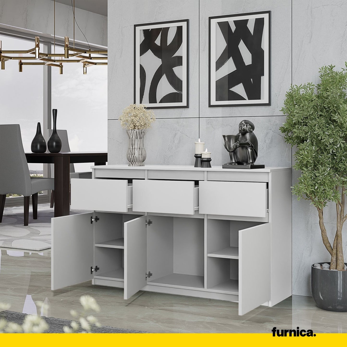 NOAH - Commode 3 Tiroirs et 3 Portes - Meuble de Rangement pour Couloir/Chambre - Buffet - H75cm L120cm P35cm (Blanc)