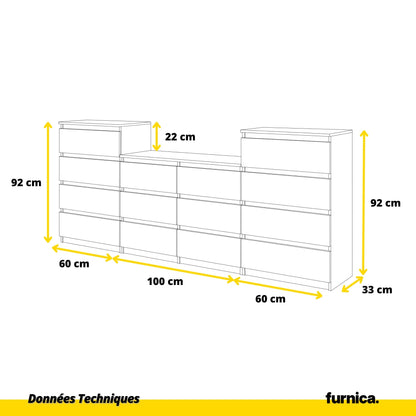 GABRIEL - Commode 14 Tiroirs (4+6+4) - H92cm L220cm P33cm (Blanc / Noir Brillant)