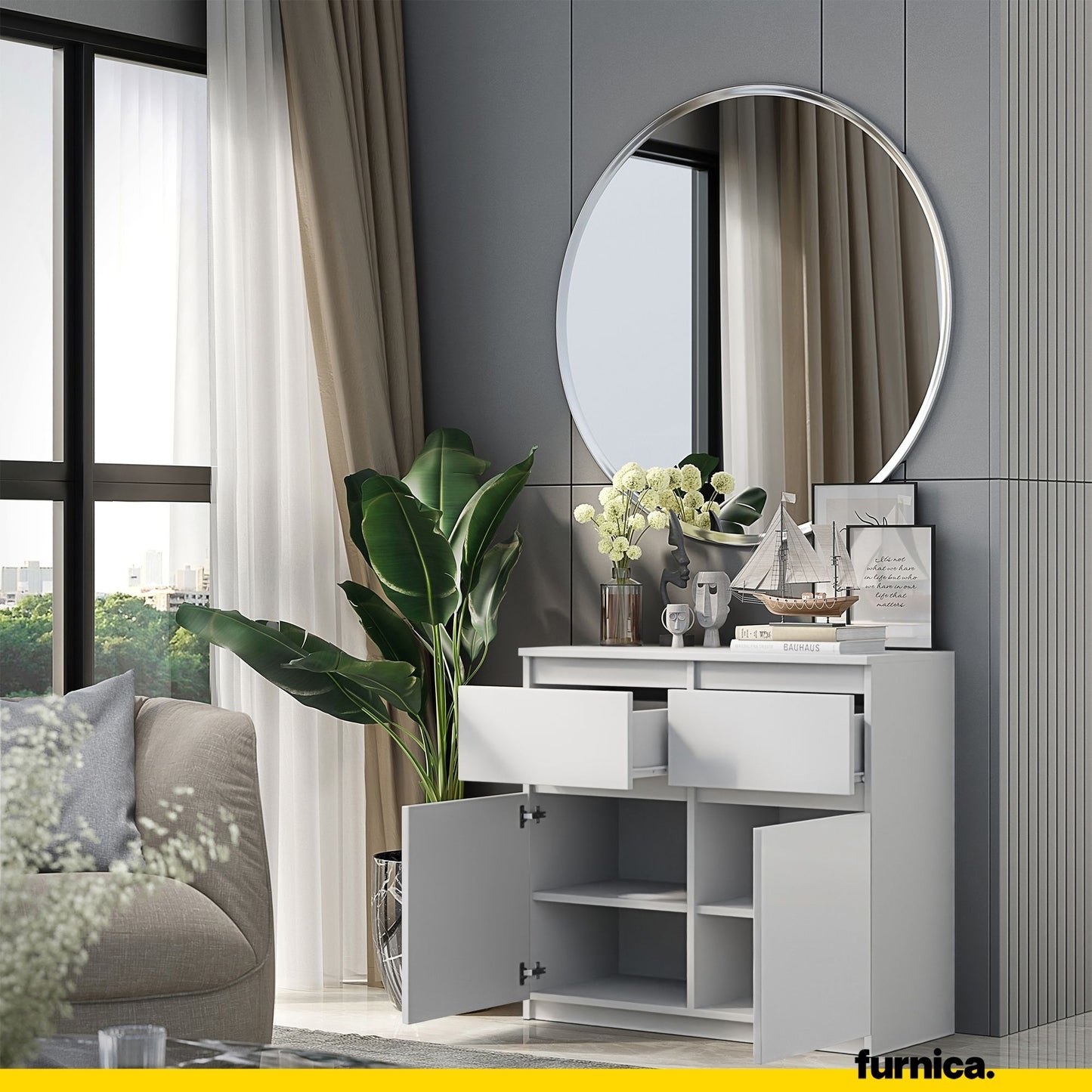 NOAH - Commode 2 Tiroirs et 2 Portes - Meuble de Rangement pour Couloir/Chambre - Buffet - H75cm L80cm P35cm (Blanc)