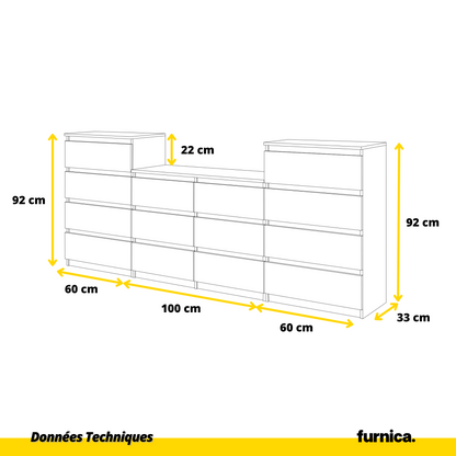 GABRIEL - Commode 14 Tiroirs (4+6+4) - H92cm L220cm P33cm (Anthracite / Blanc Brillant)