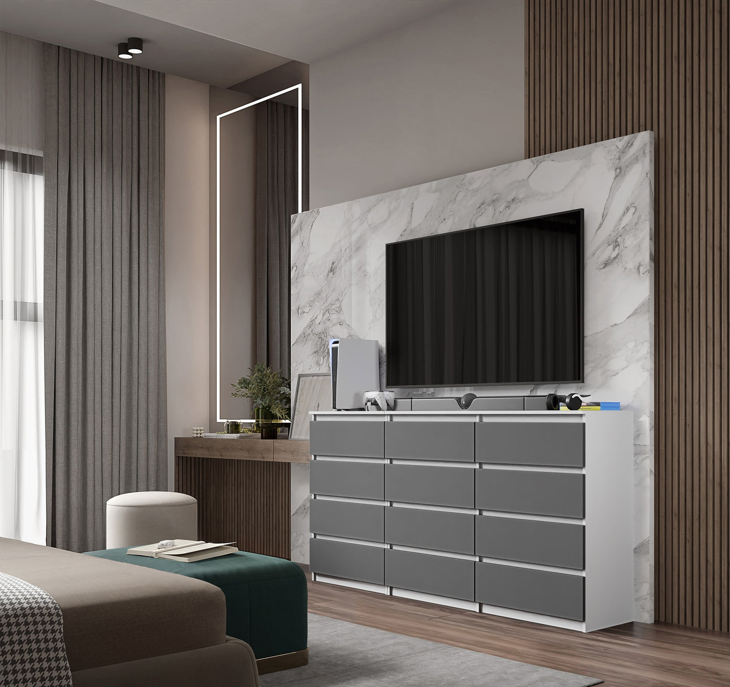 GABRIEL - Commode 12 Tiroirs (8+4) - H92cm L180cm P33cm (Blanc Matt / Anthracite)