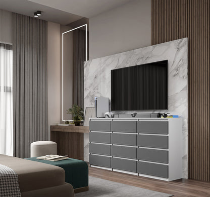 GABRIEL - Commode 12 Tiroirs (8+4) - H92cm L180cm P33cm (Blanc Matt / Anthracite)