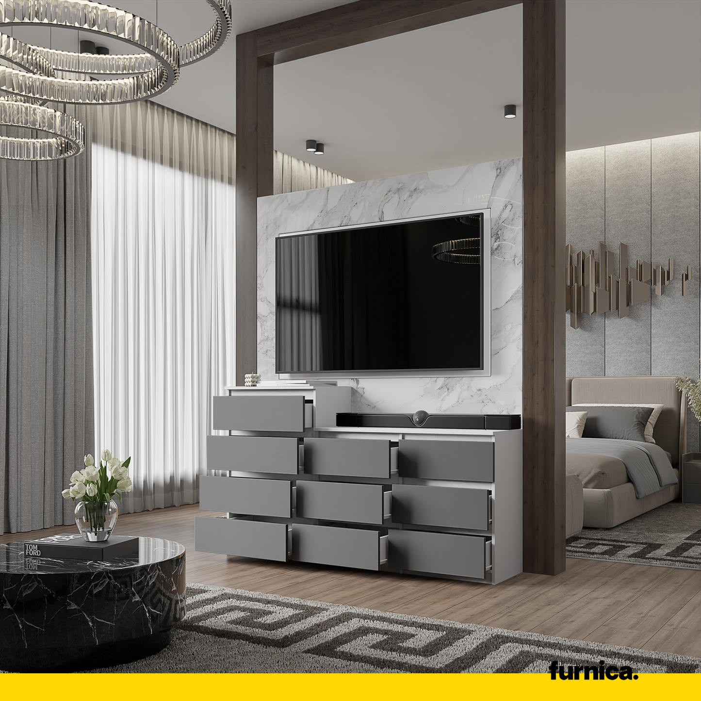 GABRIEL - Commode 10 Tiroirs (6+4) - H92/70 cm L160 cm P33 cm (Blanc Matt / Anthracite)