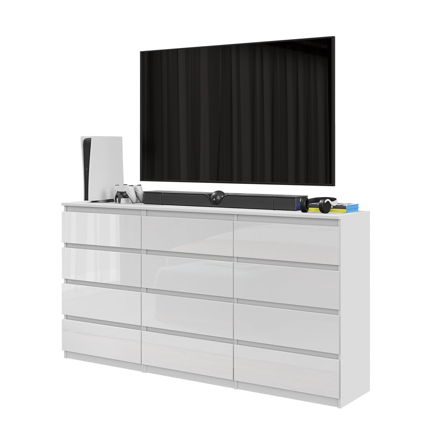 GABRIEL - Commode 12 Tiroirs (8+4) - H92cm L180cm P33cm (Blanc Brillant)