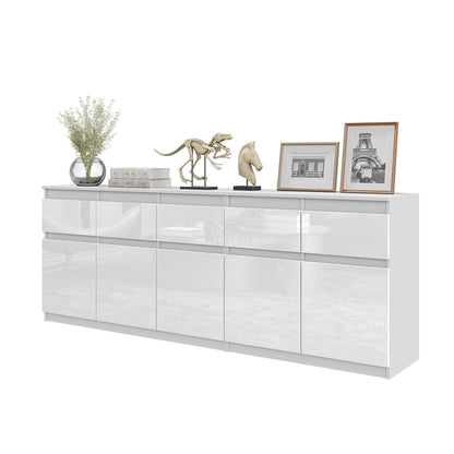 NOAH - Commode 5 Tiroirs et 5 Portes - Armoire de Rangement pour Couloir / Chambre à Coucher - Buffet - Blanc Matt / Blanc Brillant H75cm L200cm P35cm