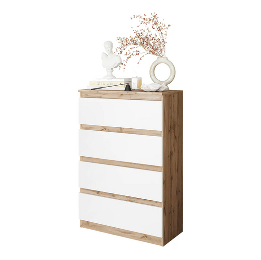 GABRIEL - Commode 4 Tiroirs - Table de Chevet Buffet - H92cm L60cm P33cm (Chêne Wotan / Blanc Matt)