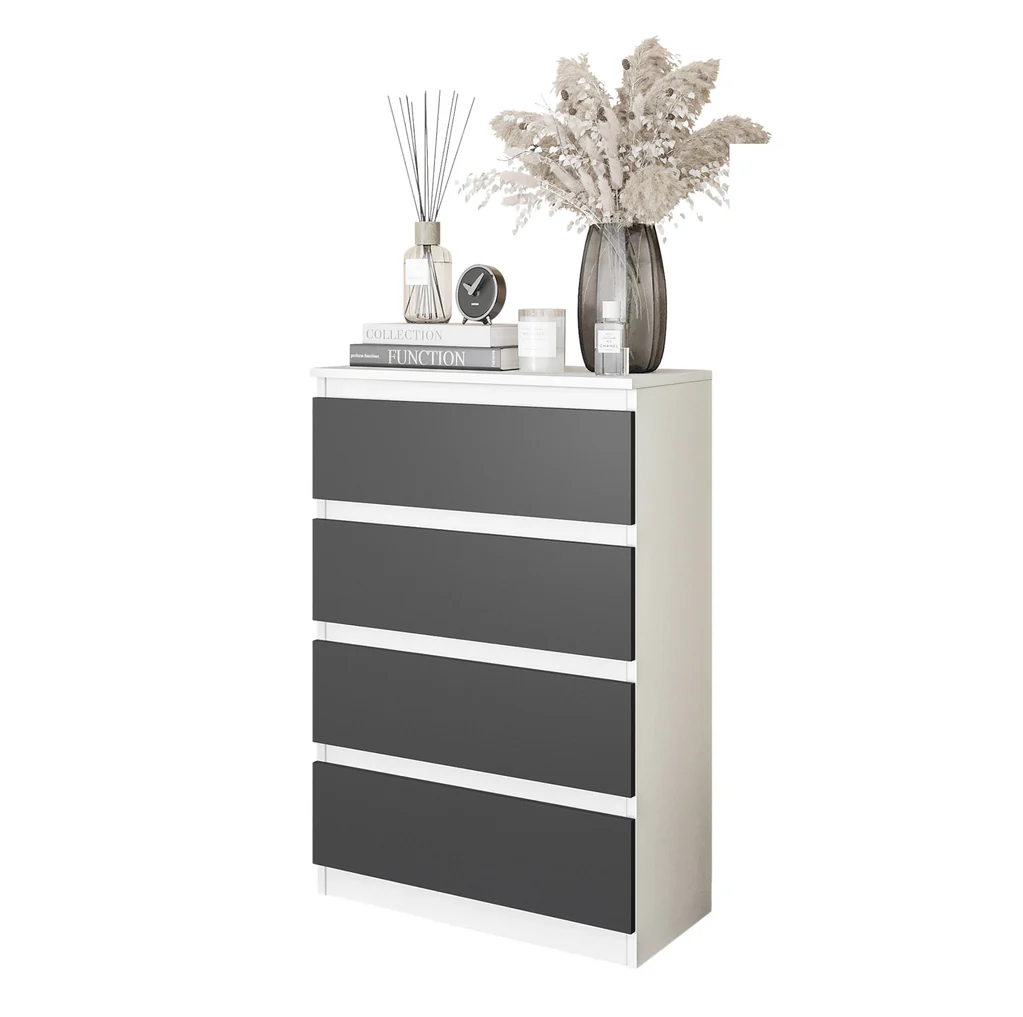 GABRIEL - Commode 4 Tiroirs - Table de Chevet Buffet - H92cm L60cm P33cm (Blanc Matt / Anthracite)