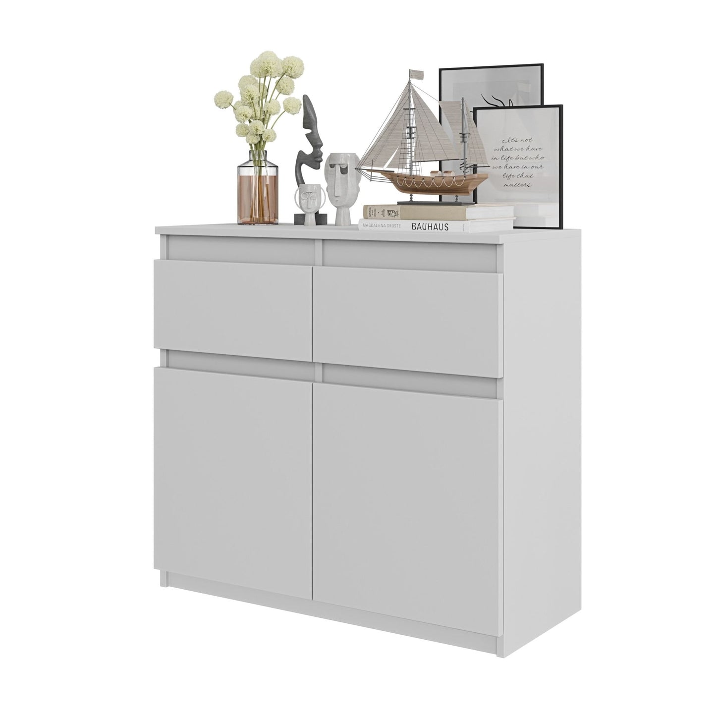 NOAH - Commode 2 Tiroirs et 2 Portes - Meuble de Rangement pour Couloir/Chambre - Buffet - H75cm L80cm P35cm (Blanc)
