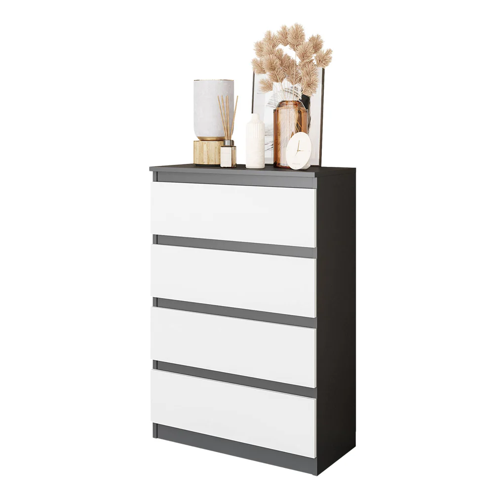 GABRIEL - Commode 4 Tiroirs - Table de Chevet Buffet - H92cm L60cm P33cm (Anthracite / Blanc Matt)