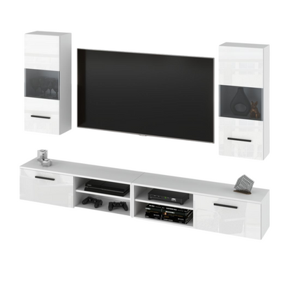 MIRANDA - Meuble TV Suspendu - 4 Armoires - Blanc Matt / Blanc Brillant