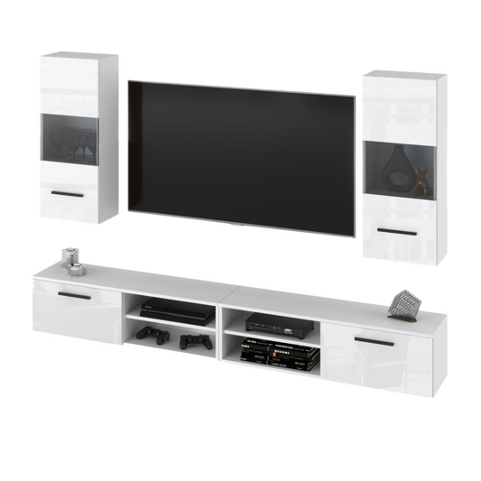 MIRANDA - Meuble TV Suspendu - 4 Armoires - Blanc Matt / Blanc Brillant