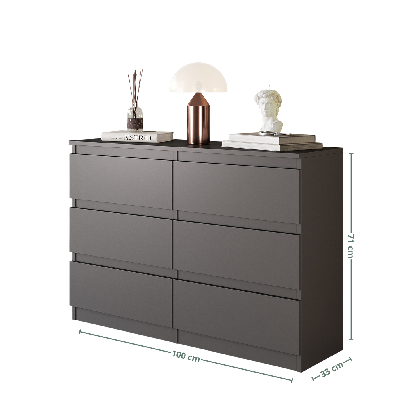 GABRIEL - Commode 6 Tiroirs - Buffet de Chevet - H71 cm L100 cm P33 cm (Anthracite)
